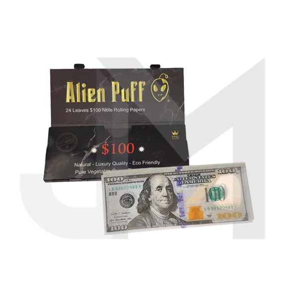 24 Alien Puff Black & Gold King Size $100 Note Rolling Papers ( HP176AP ) - Image 2