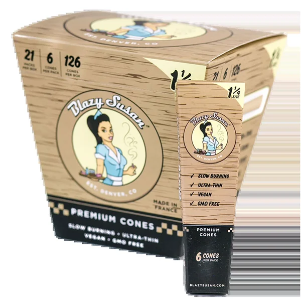 Blazy Susan 1 1/4" Unbleached Pre Rolled Cones - Display Box