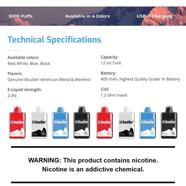 Boulder Pro American Blend Tobacco 5000 Puffs Disposable Vape Device - Image 2