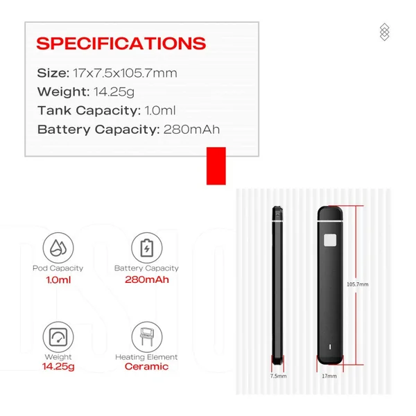 DS10 - 1 ML Disposable Vape Pen Postless Rechargeable USB-C - Image 3