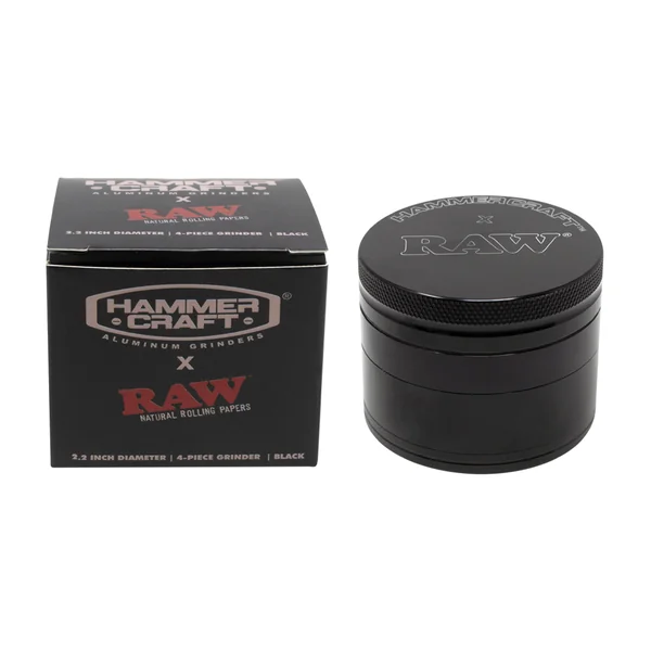 Hammercraft x RAW 2.2″ Grinder – 4-Part Aluminum Collab with Kief Catcher