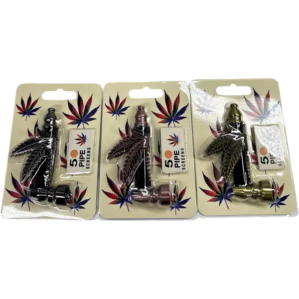 Hemp Leaf 3.5 Inch Metal Hand Pipe with Pipe Screens