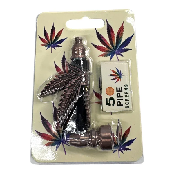 Hemp Leaf 3.5 Inch Metal Hand Pipe with Pipe Screens - Image 2