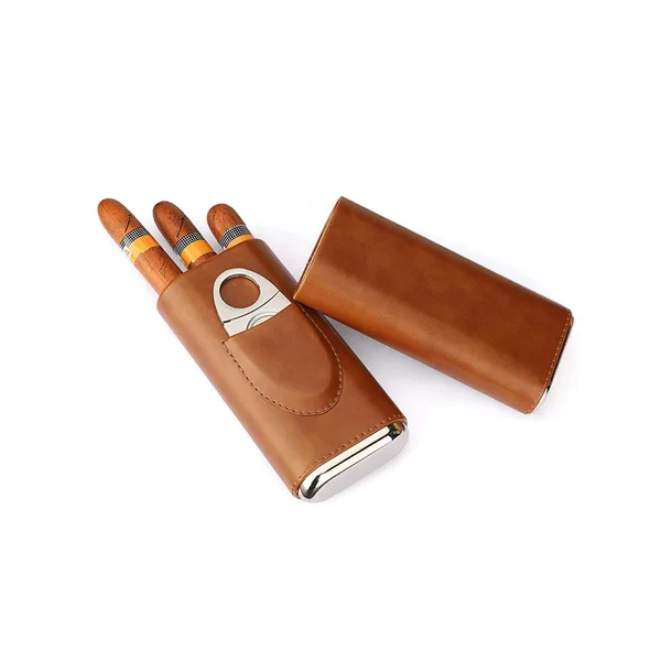 Luxury Leather 3-Cigar Case with Cutter - Black & Brown