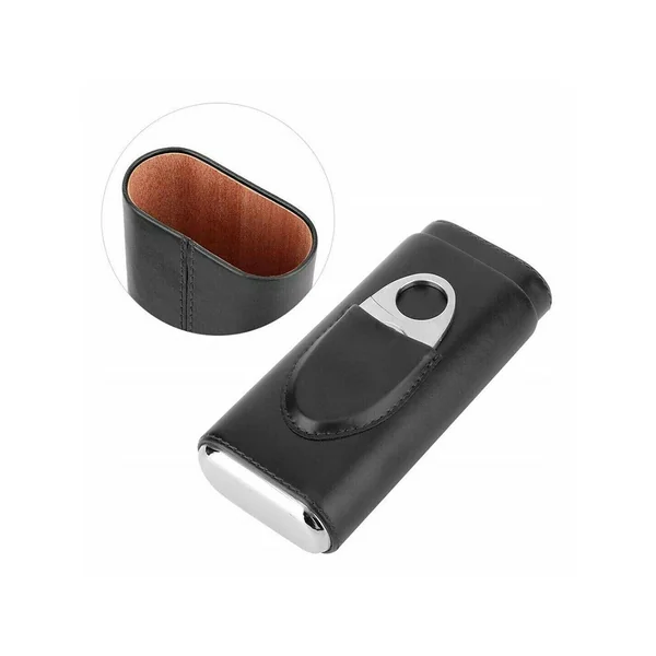 Luxury Leather 3-Cigar Case with Cutter - Black & Brown - Image 2
