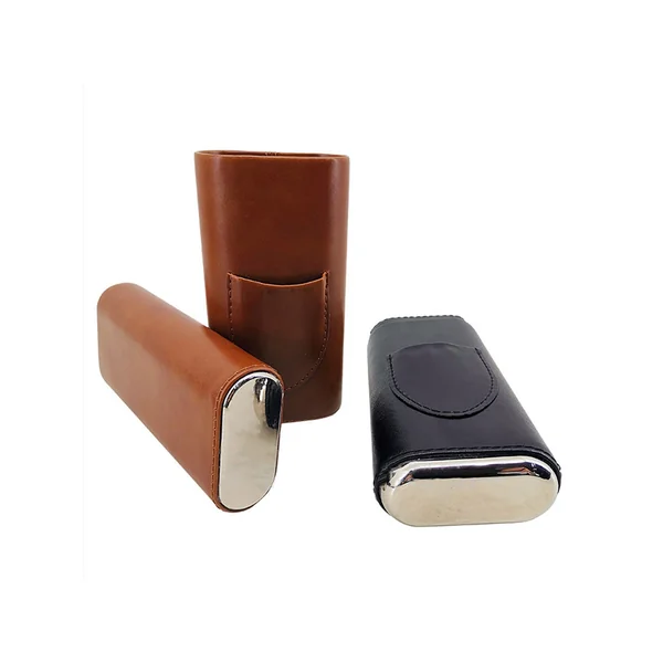 Luxury Leather 3-Cigar Case with Cutter - Black & Brown - Image 3