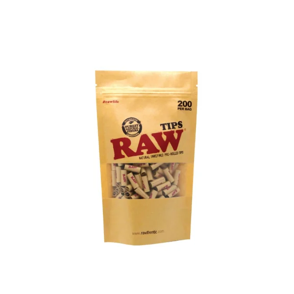 RAW Pre-Rolled Tips 200 Pack Bag – Unbleached Natural Filters for Joints