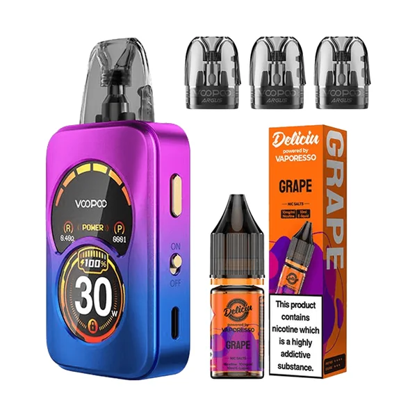 VOOPOO ARGUS A VAPE KIT, 3 X REFILLABLE PODS, 1 X ELIQUID SALTS BUNDLE DEAL