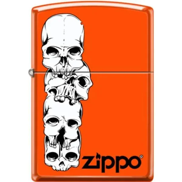 Zippo Lighter - Skulls Stacked With Logo Neon Orange